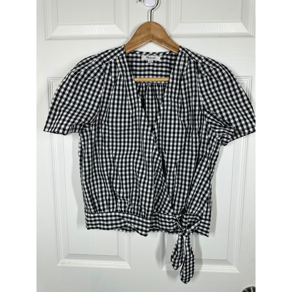 Madewell Top Womens S Black Gingham Wrap Side Tie Short Sleeve V-Neck Blouse